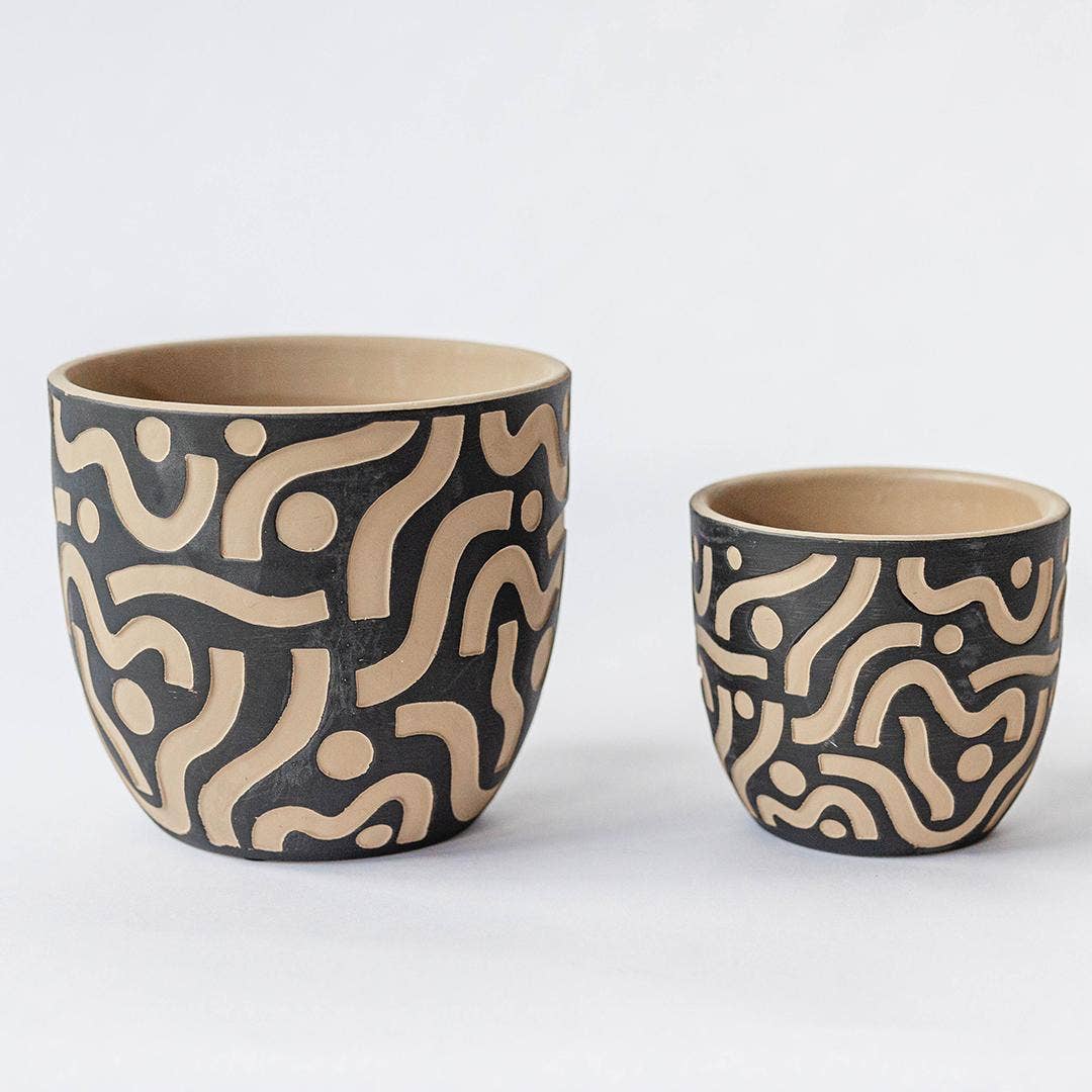 Terracotta Black Pot with Aztec Inspired Design, Set of 2