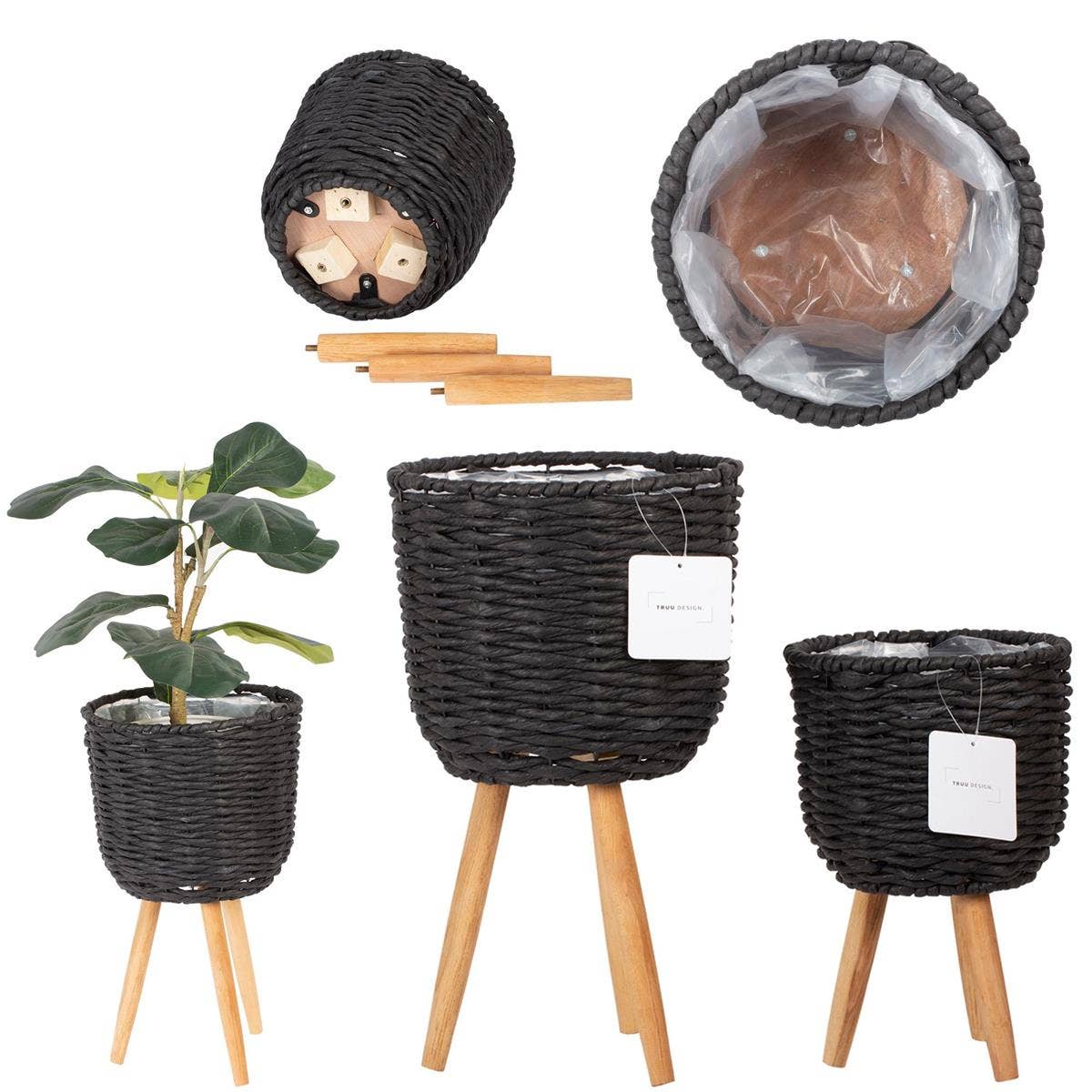 Truu Design Seagrass Wicker Planters with Lining Wood Legs: Cream large