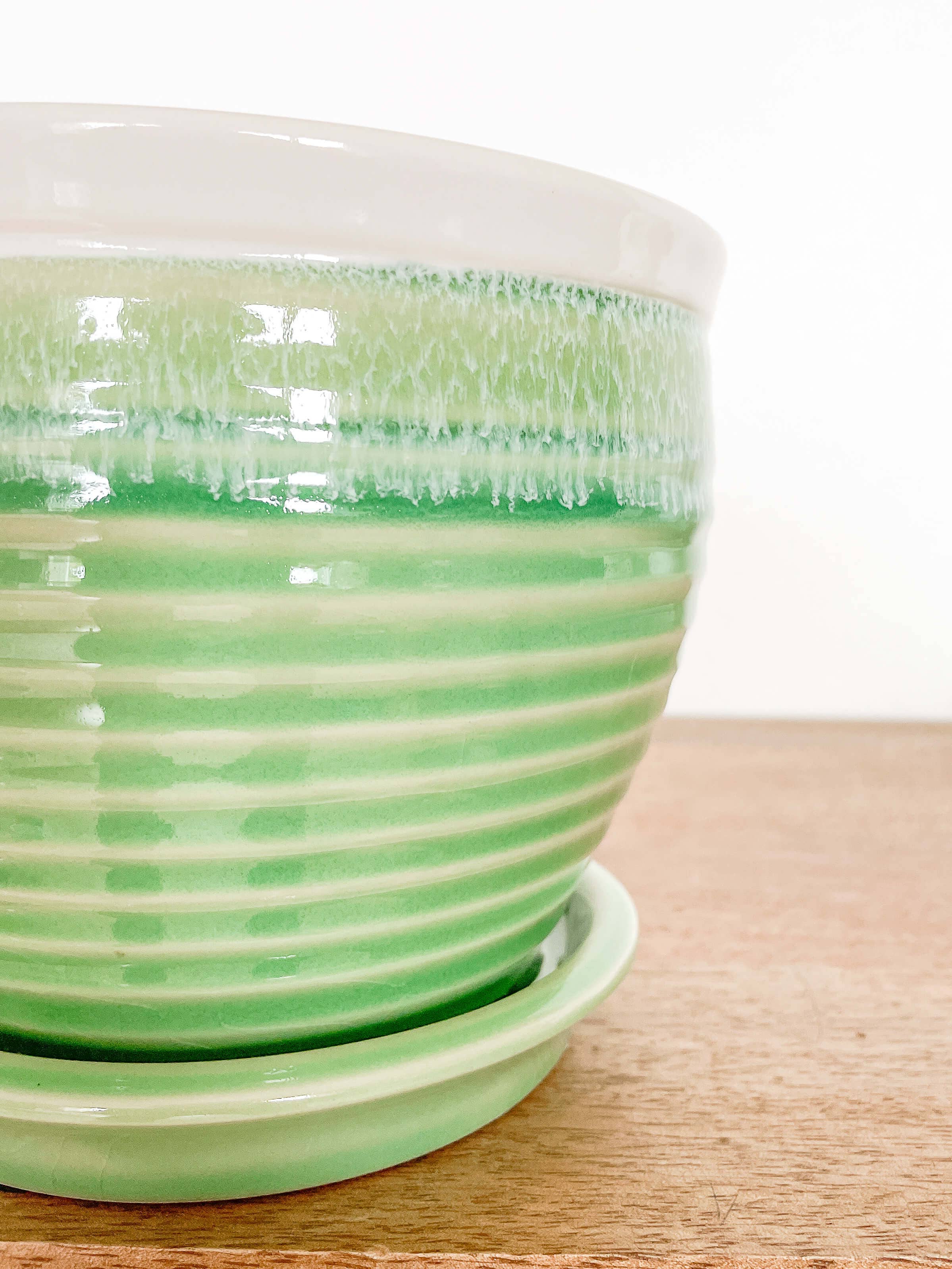 Willow Ceramic Planter Pot, Drainage Hole & Attached Saucer