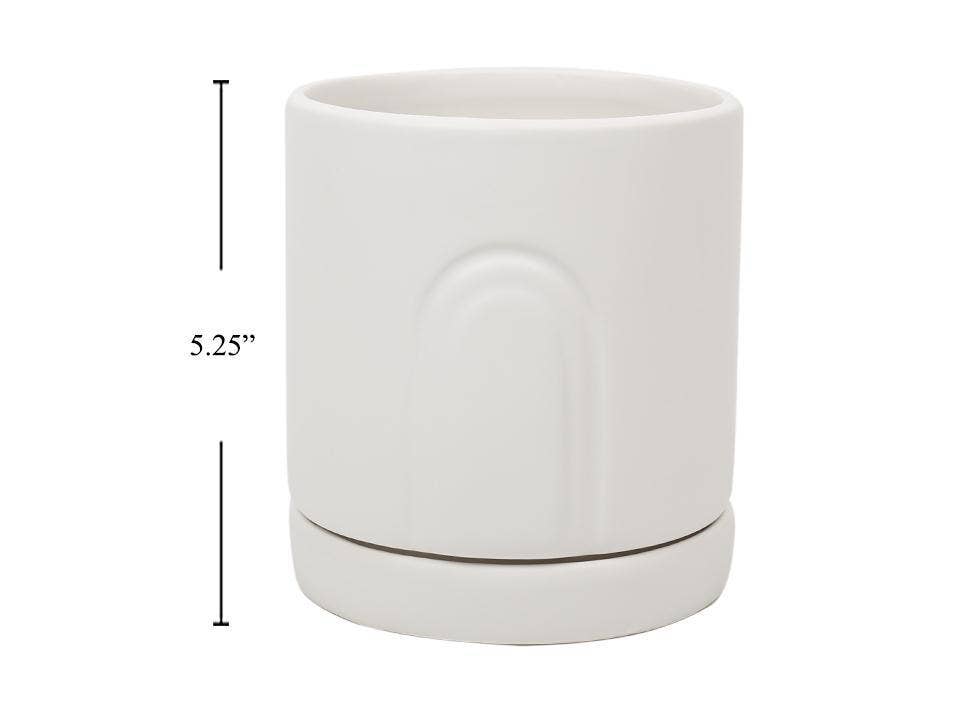 Laken Ceramic Planter with Saucer,4.8"D x 5.25"H: White-Arch to Top