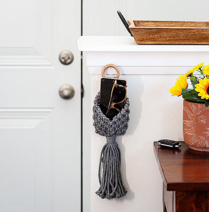 Macrame Wall Pouch-Grey-6&quot;H