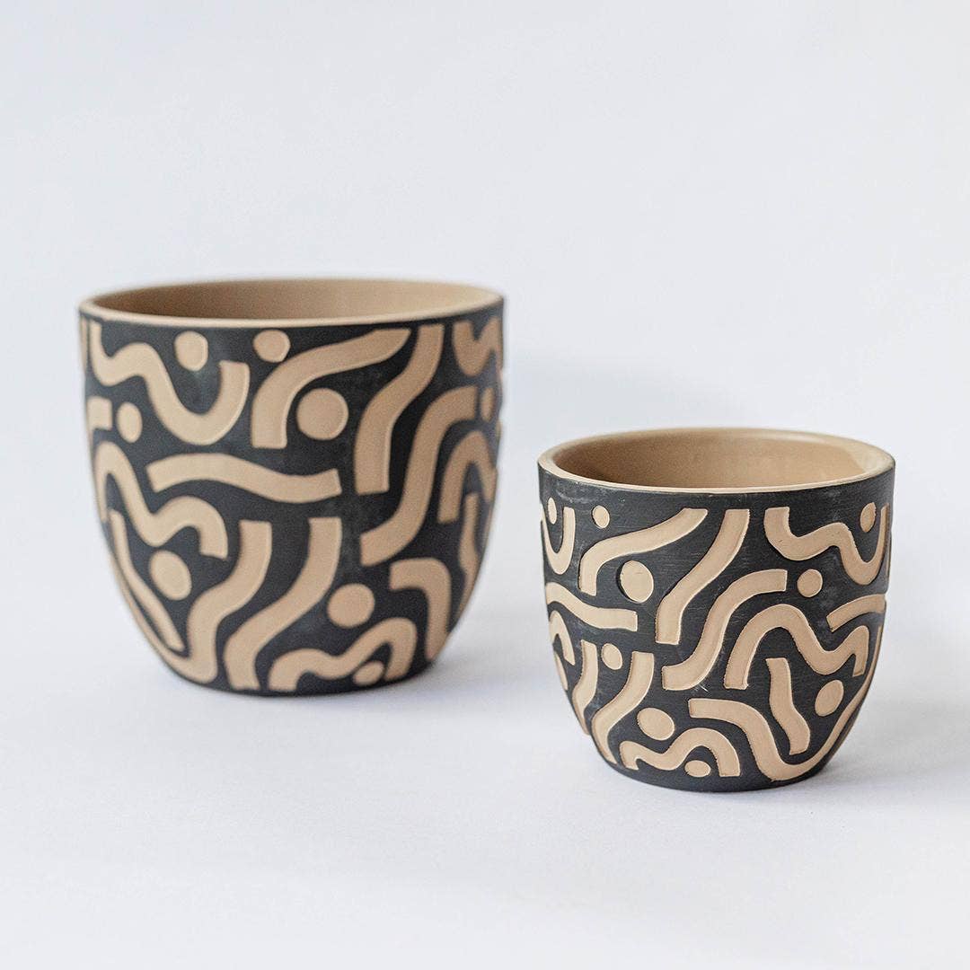Terracotta Black Pot with Aztec Inspired Design, Set of 2