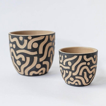 Terracotta Black Pot with Aztec Inspired Design, Set of 2