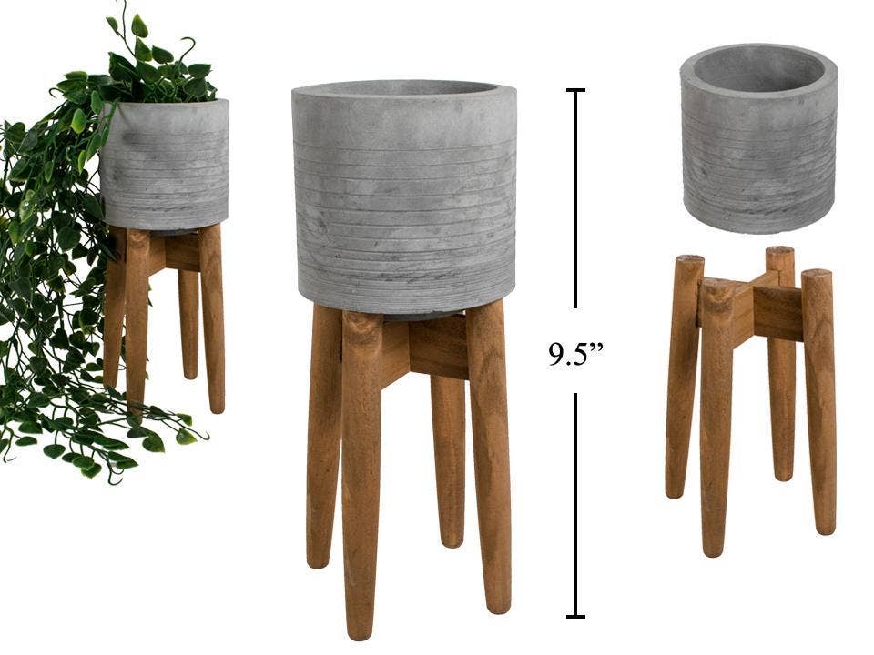 Concrete Planter with Wood Stand, Two Sizes 5x5x8"&amp;4x4x10": 5x5x8"