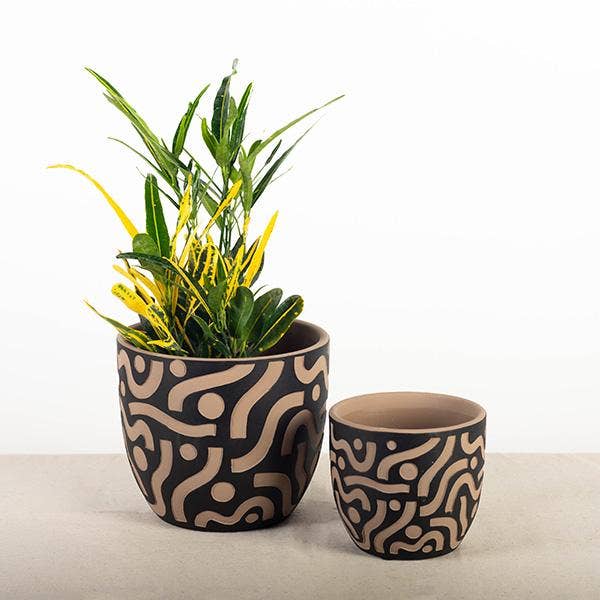 Terracotta Black Pot with Aztec Inspired Design, Set of 2