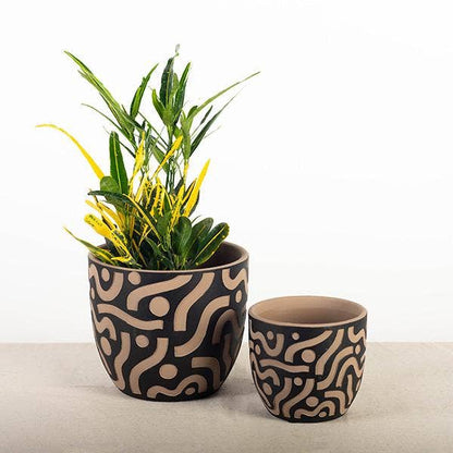 Terracotta Black Pot with Aztec Inspired Design, Set of 2