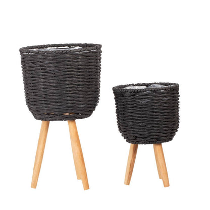 Truu Design Seagrass Wicker Planters with Lining Wood Legs: Cream large