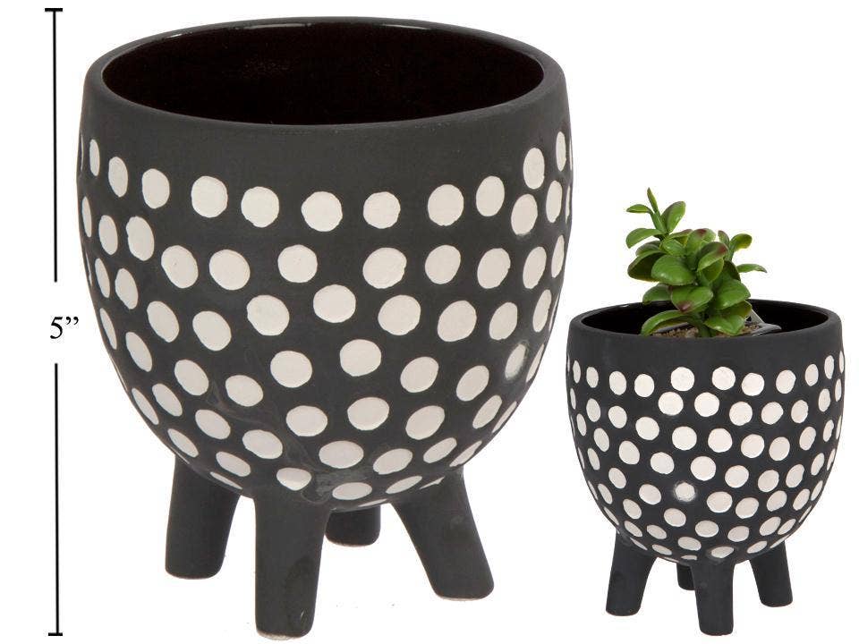 Footed Ceramic Planter, B/WDotted, 4.5"D x 5"H&amp;5.3"D x 7"H: 5.3"D x 7"H