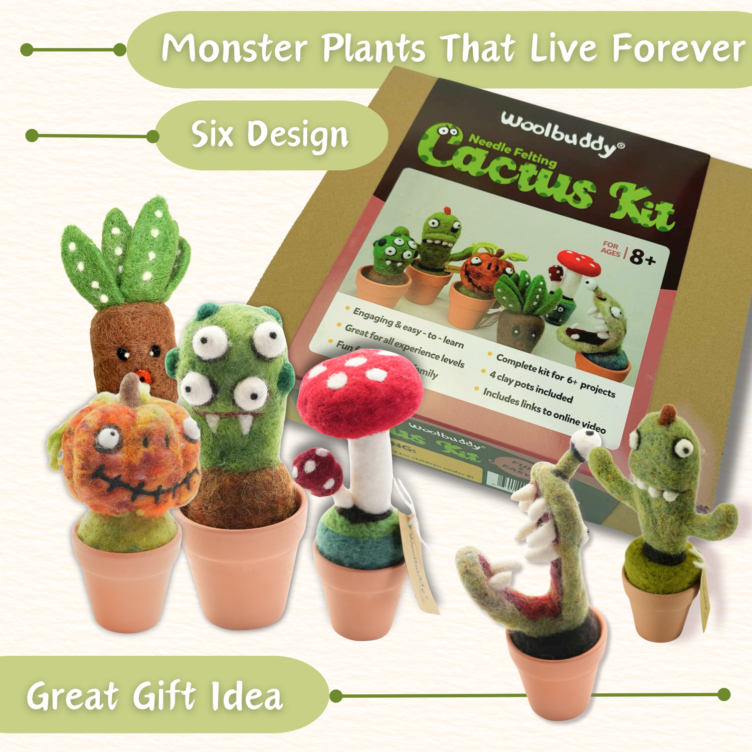DIY Needle Felting Cactus Kit – 6 Monster Plants Design