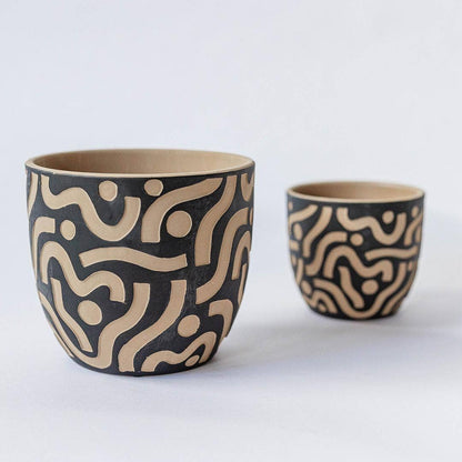 Terracotta Black Pot with Aztec Inspired Design, Set of 2
